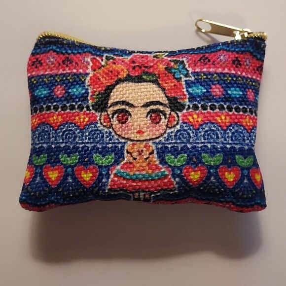 Frida Kahlo Coin Purse Makeup Bag Multi Color Zippered Blue PInk Mexico … - Picture 2 of 4